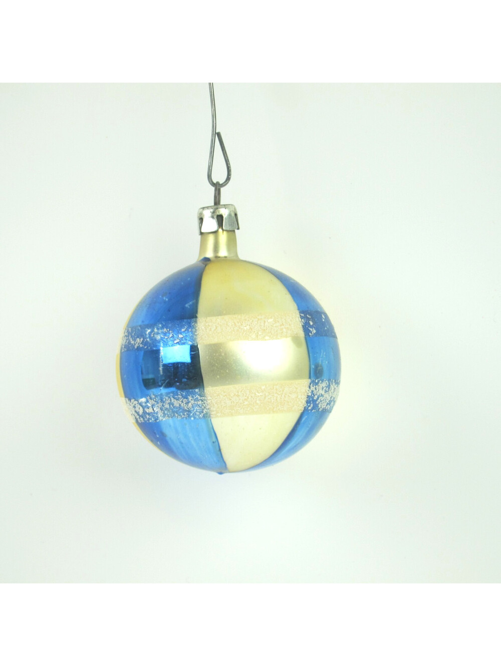 Vintage Mercury Glass Christmas Ornament Ball Blue Gold Mica Glitter Stripes 2"